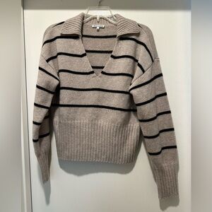 Reformation Beige with Black Stripe Collared V-Neck Sweater